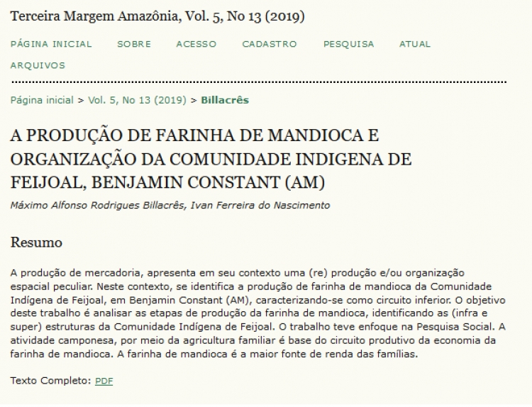 Novo artigo – Prof. Máximo Rodrigues: A produção de farinha de Mandioca e Organização da Comunidade Indígena de Feijoal, Benjamin Constant (AM)